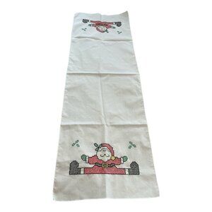 Vintage Hand Cross-Stitched Santa Table Runner Christmas Holiday Linen Decor 43x